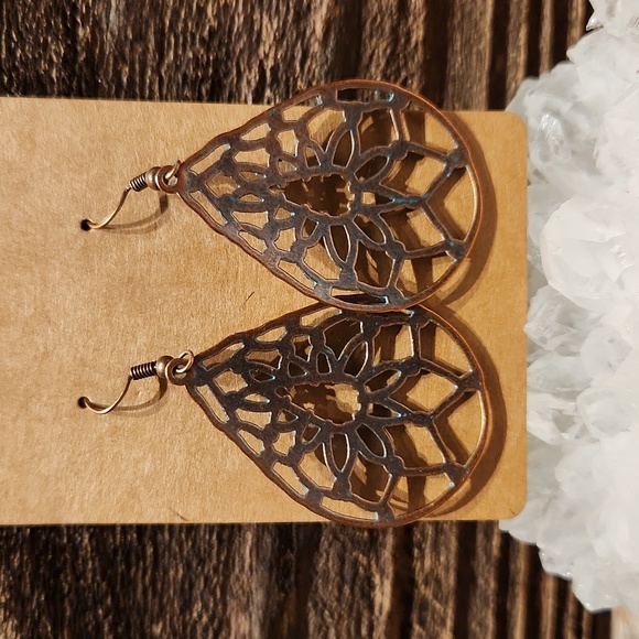 "New" Copper and Turquoise Colored Webbed Drop Earrings - Picture 3 of 4